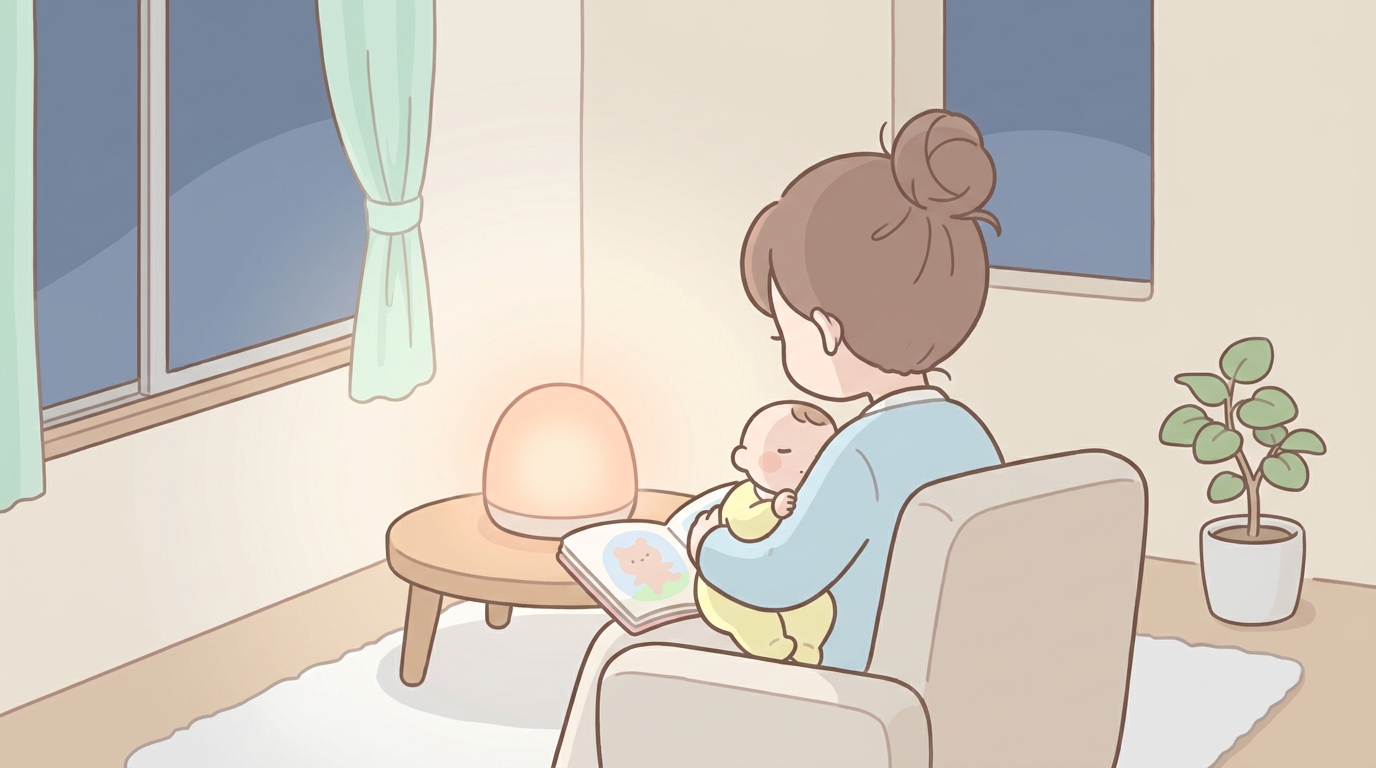 夕方、薄暗くなった部屋で間接照明をつけて赤ちゃんに絵本を読み聞かせる母親の優しい後ろ姿