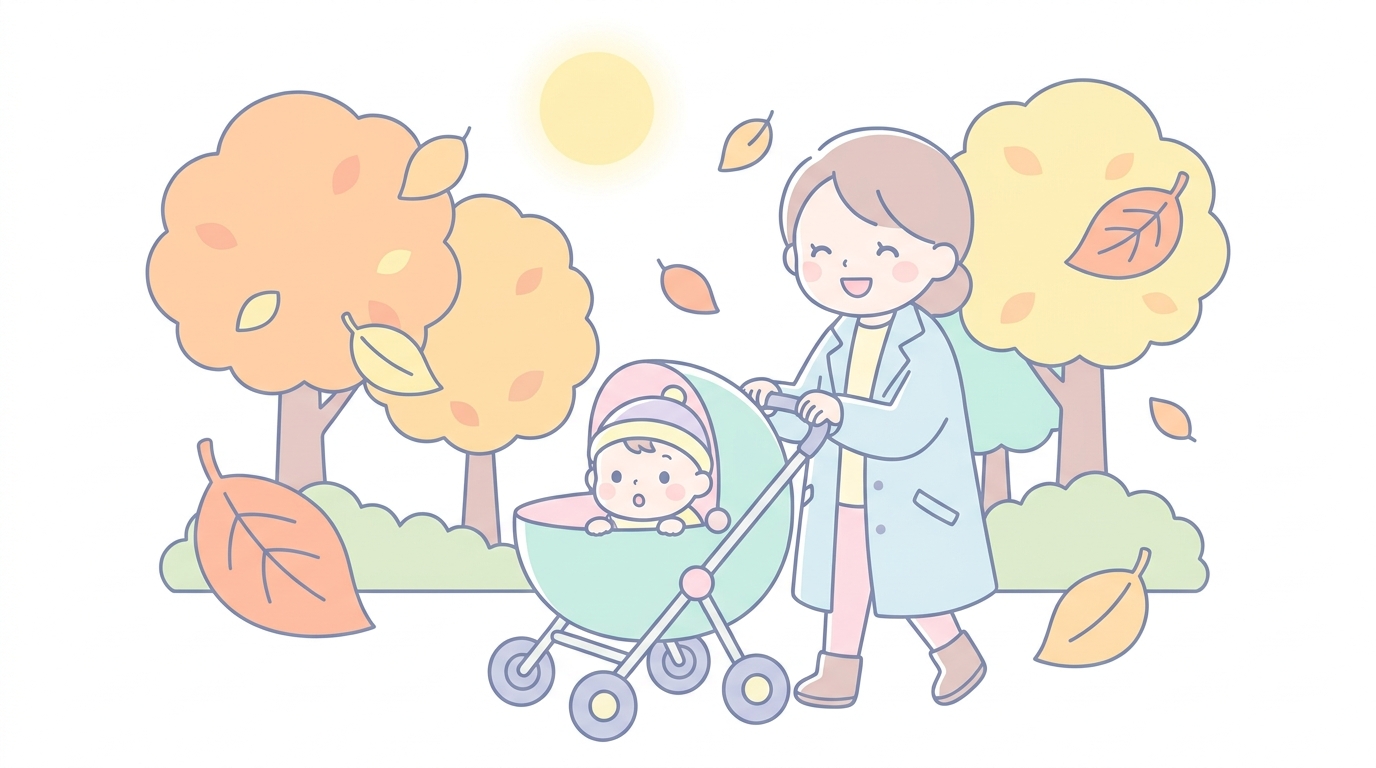 晴れた秋の公園でベビーカーを押しながら笑顔で散歩する母親と、外の景色をきょろきょろ見つめる赤ちゃん