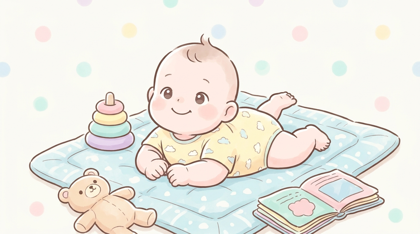 マットの上でうつ伏せになり、笑顔でこちらを見上げる生後6ヶ月くらいの赤ちゃん
