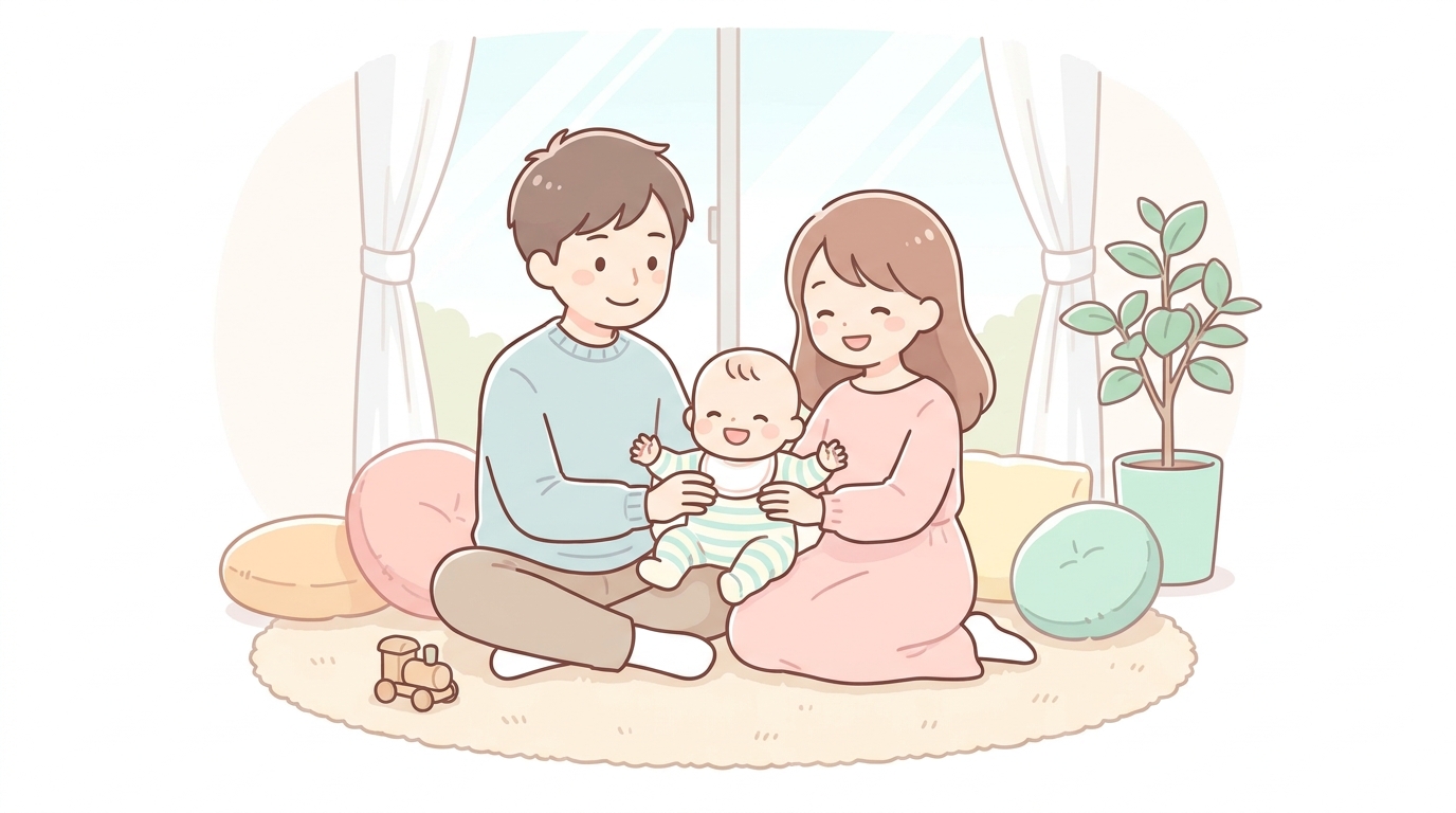 リビングで赤ちゃんを抱っこしながら微笑むパパとママの和やかな様子