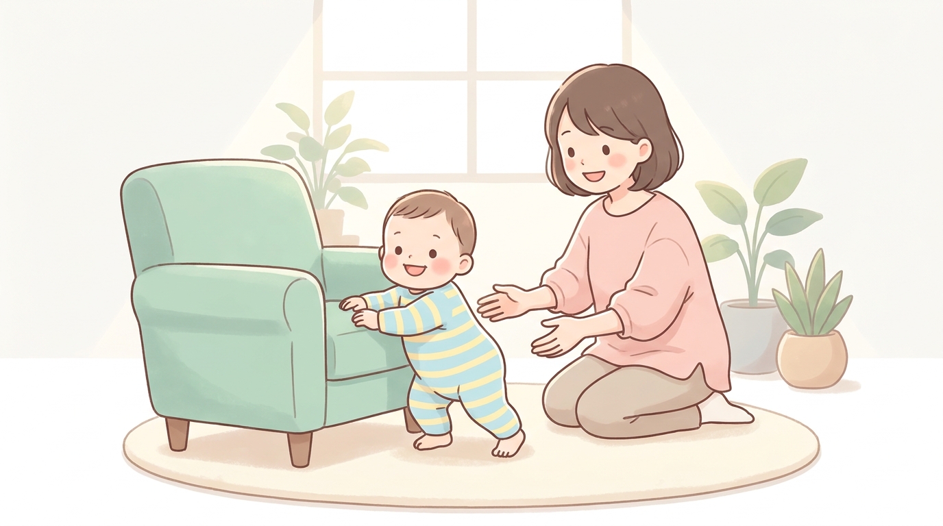 リビングのラグの上で笑顔でつかまり立ちに挑戦する赤ちゃんと、後ろから優しく見守る母親