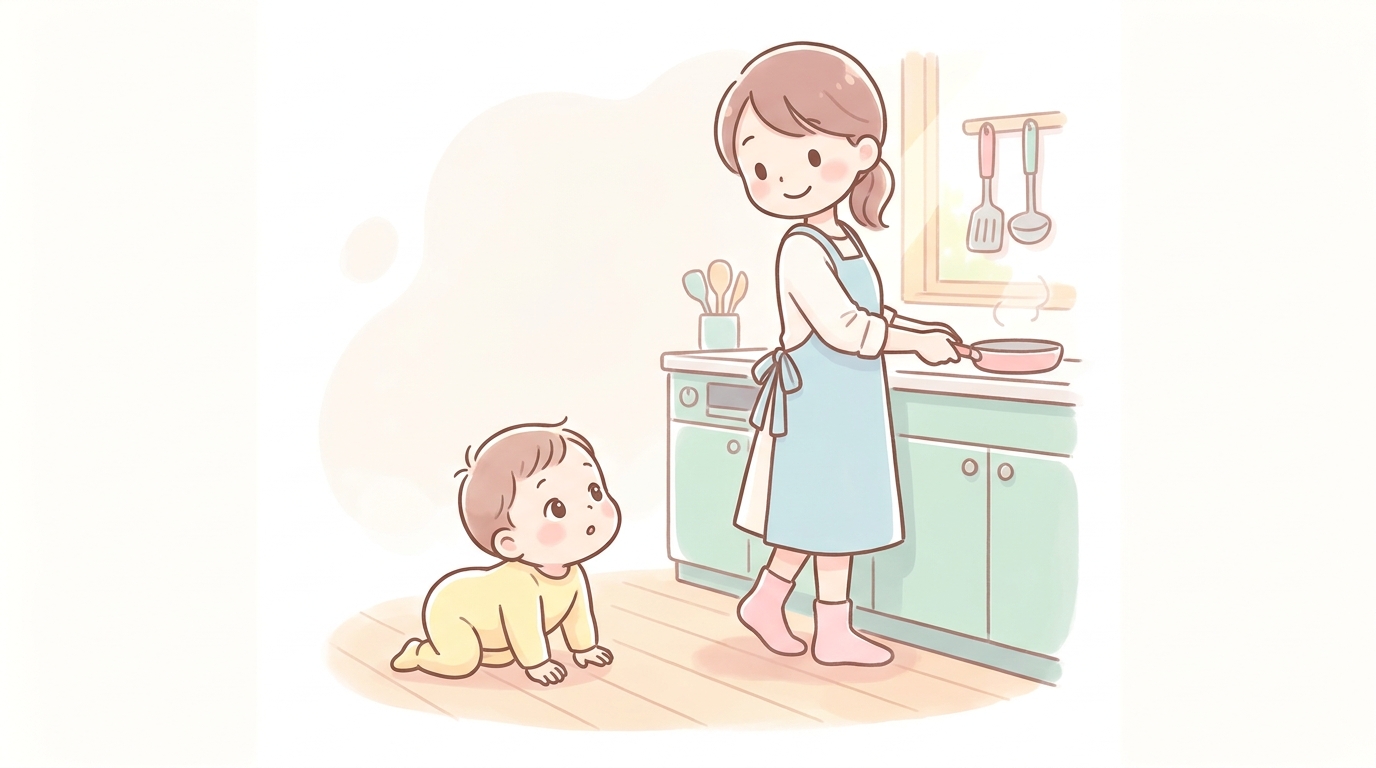 キッチンで料理をする母親の足元にハイハイで近づいてきて見上げる赤ちゃん
