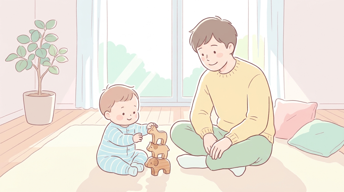木製のおもちゃで遊ぶ赤ちゃんと、隣に座って優しく見守る父親の柔らかな日差しの室内シーン