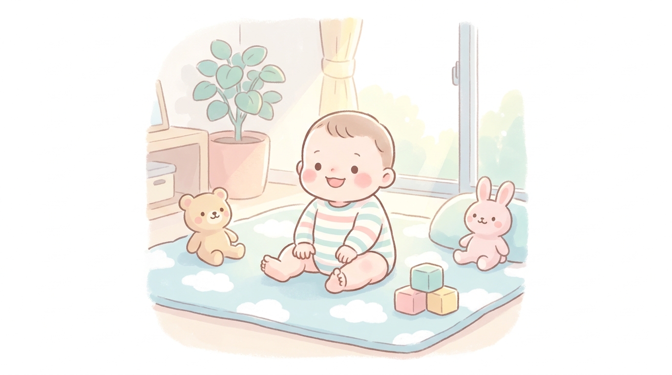 明るいリビングの柔らかいプレイマットの上で笑顔でお座りしている生後8ヶ月くらいの赤ちゃん