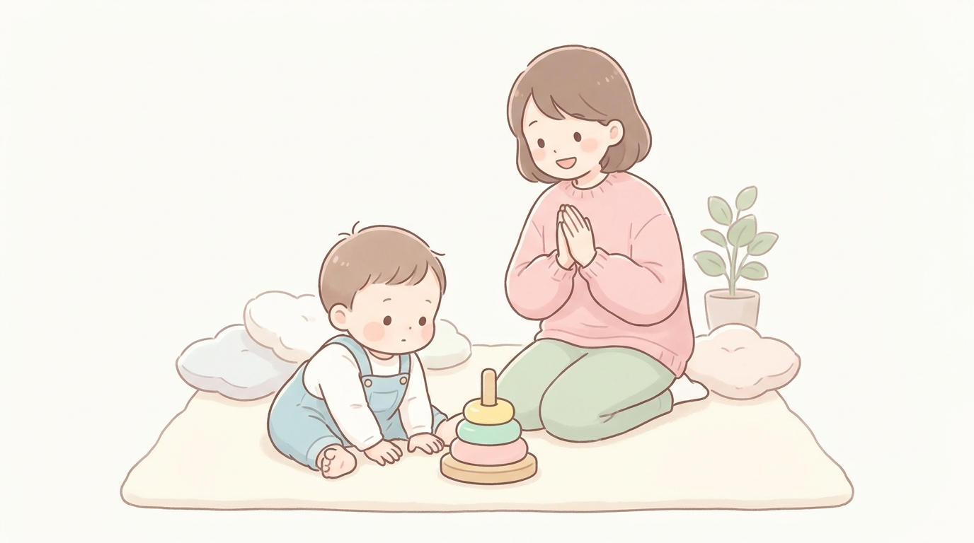 木のおもちゃで遊びながら両手を床について座っている赤ちゃんと、後ろから優しく見守る母親