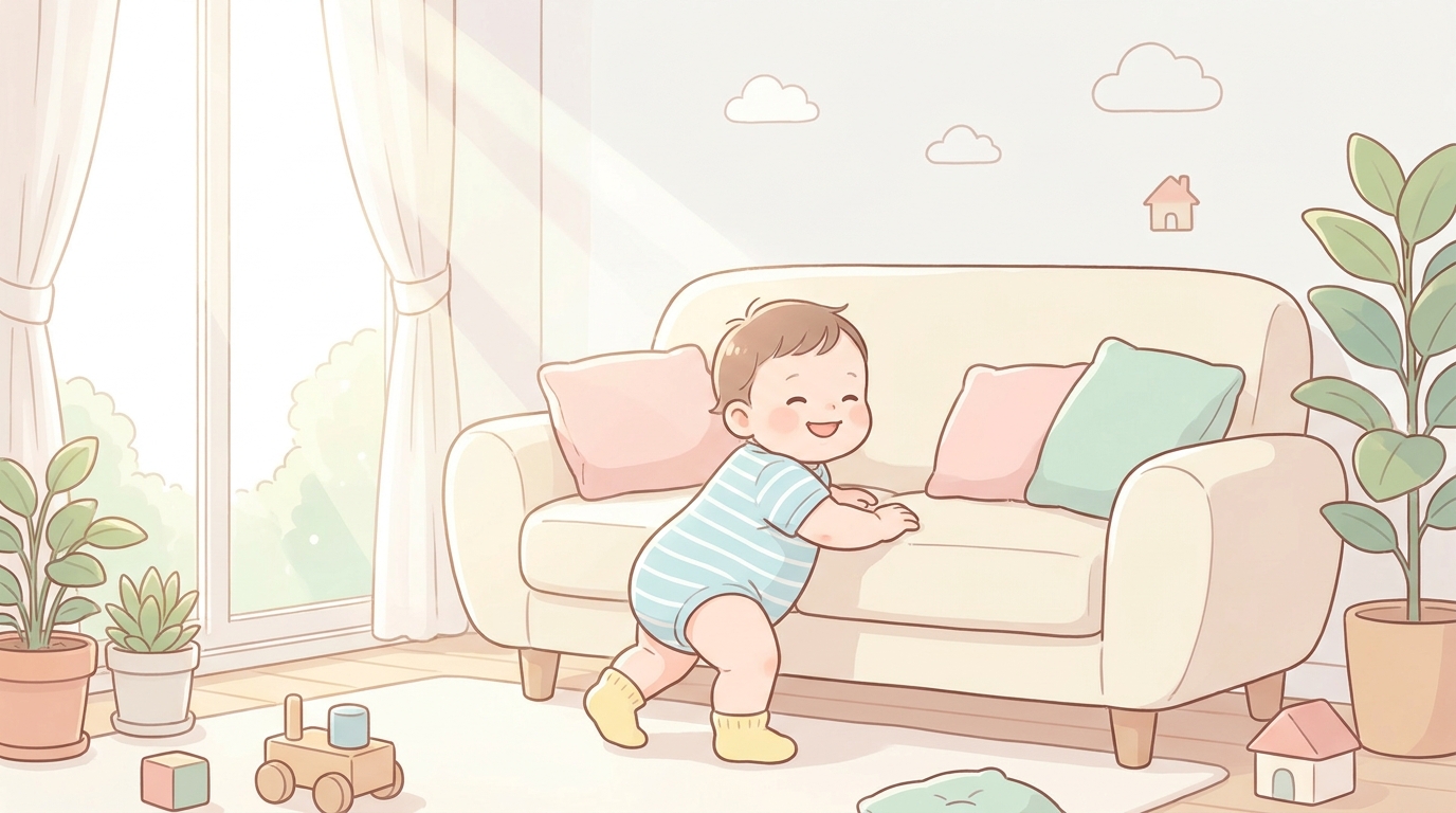 リビングのソファに手をついて笑顔で伝い歩きをする生後10ヶ月くらいの赤ちゃん、明るい自然光が差し込む温かい雰囲気