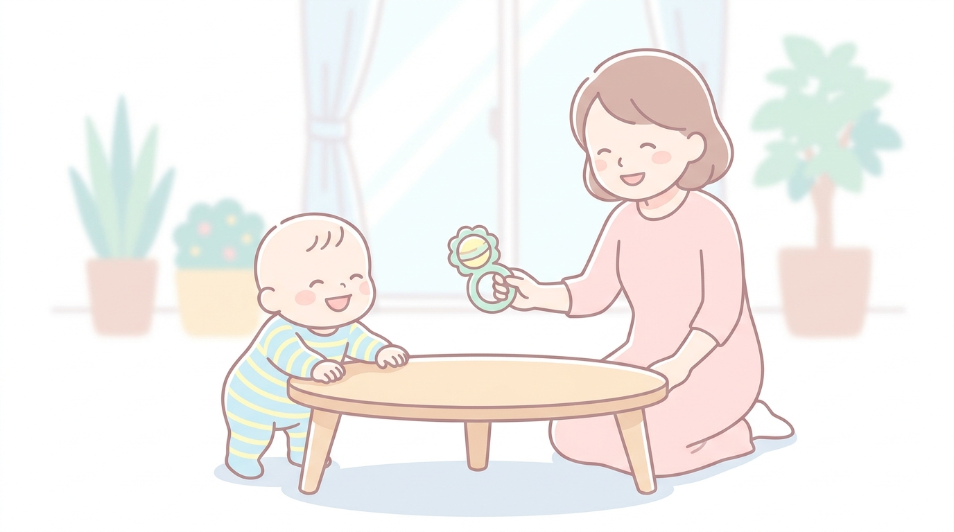 ローテーブルにつかまって笑顔で立つ赤ちゃんに、少し離れた場所からおもちゃを差し出して呼びかける母親の様子