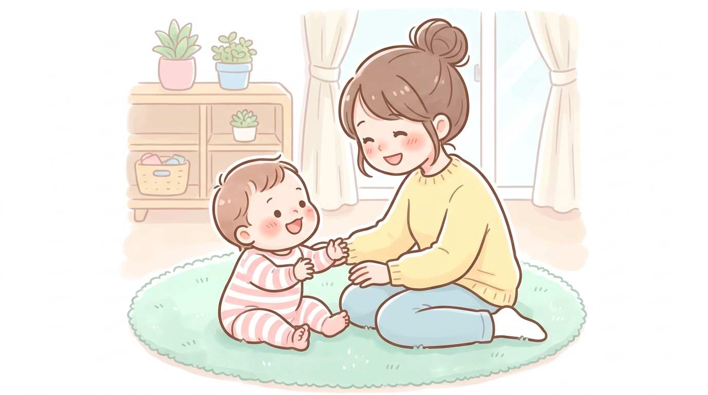 リビングのラグの上で母親と笑顔で見つめ合いながら口を動かしている生後10か月ごろの赤ちゃん