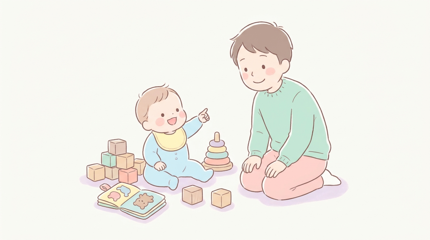 木のおもちゃと布絵本に囲まれて指さしをしている1歳前後の赤ちゃんと、向き合って笑いかける父親