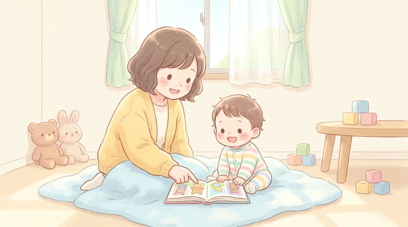 床に座って絵本を広げ、ページを指さしながら笑顔で語りかける母親と1歳ごろの赤ちゃん