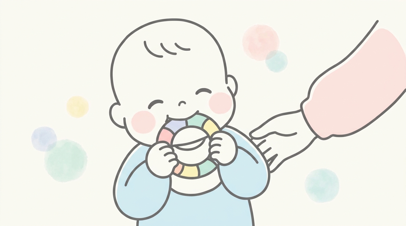 歯固めおもちゃを噛んでいる笑顔の赤ちゃんと、優しく見守る親の手元