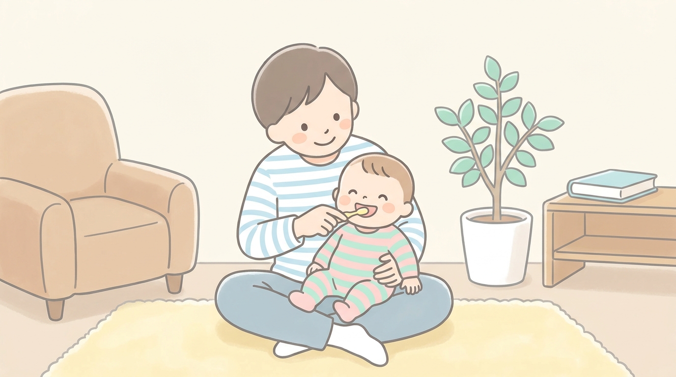 親が赤ちゃんを膝にのせて優しく仕上げ磨きをしているリラックスした室内シーン