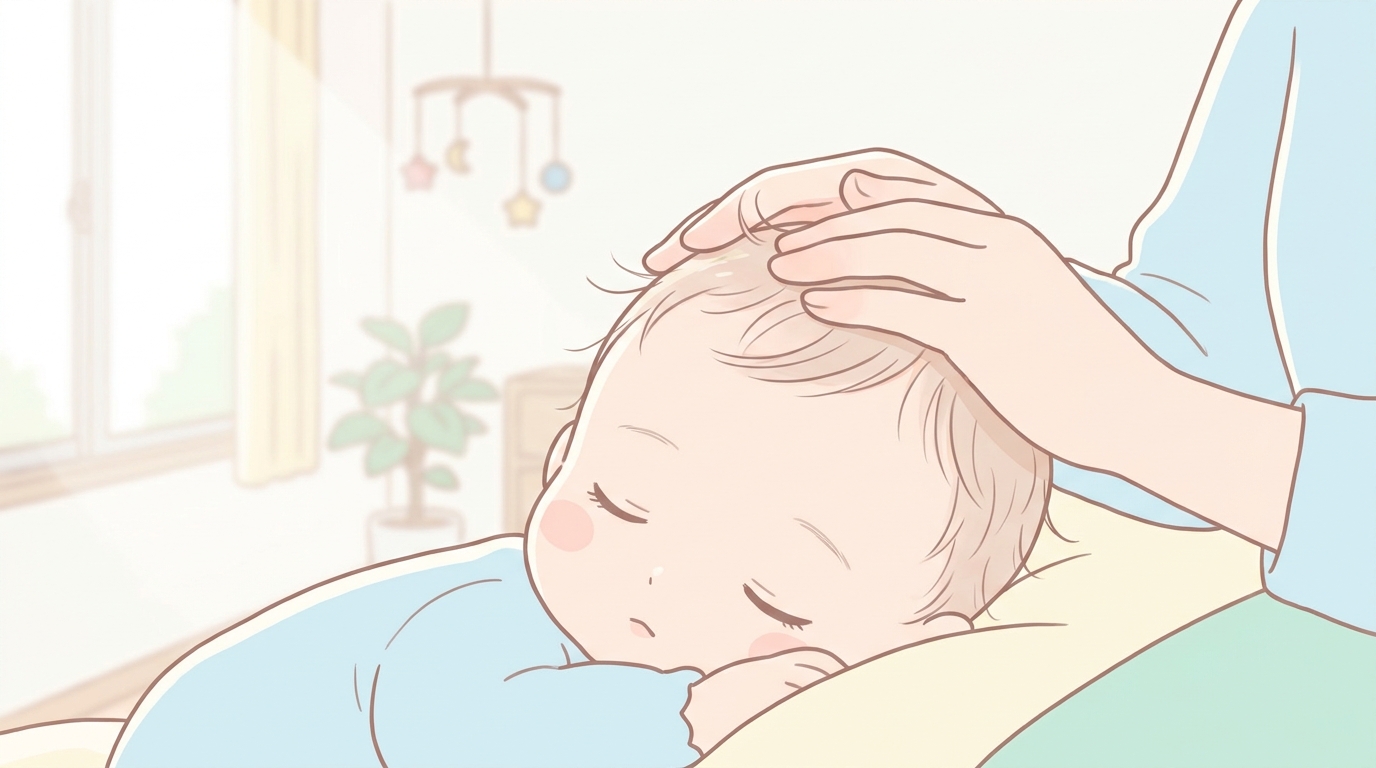 新生児の柔らかな髪の毛をやさしく撫でる母親の手、淡い自然光が差し込む寝室