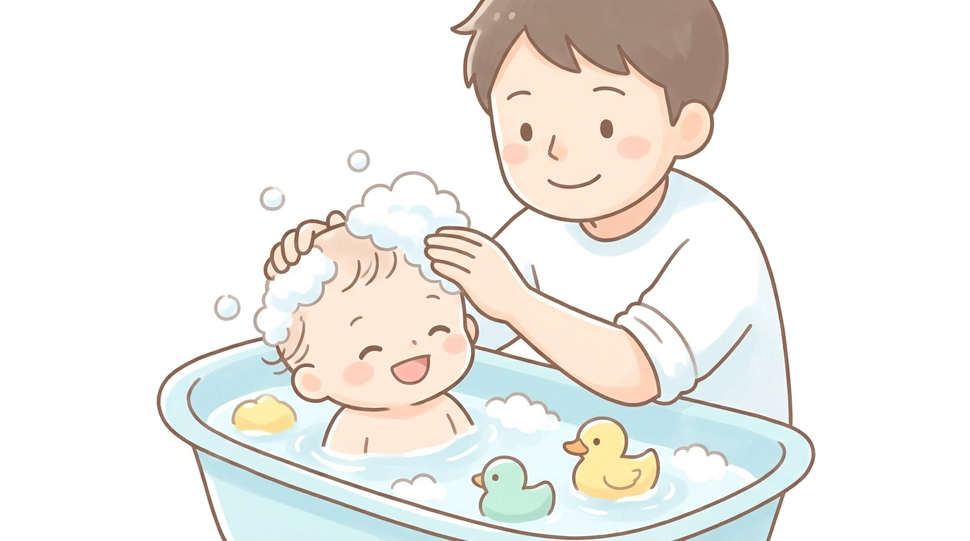 お風呂で赤ちゃんの頭をやさしく泡で洗う父親、ほがらかな雰囲気のバスタイム