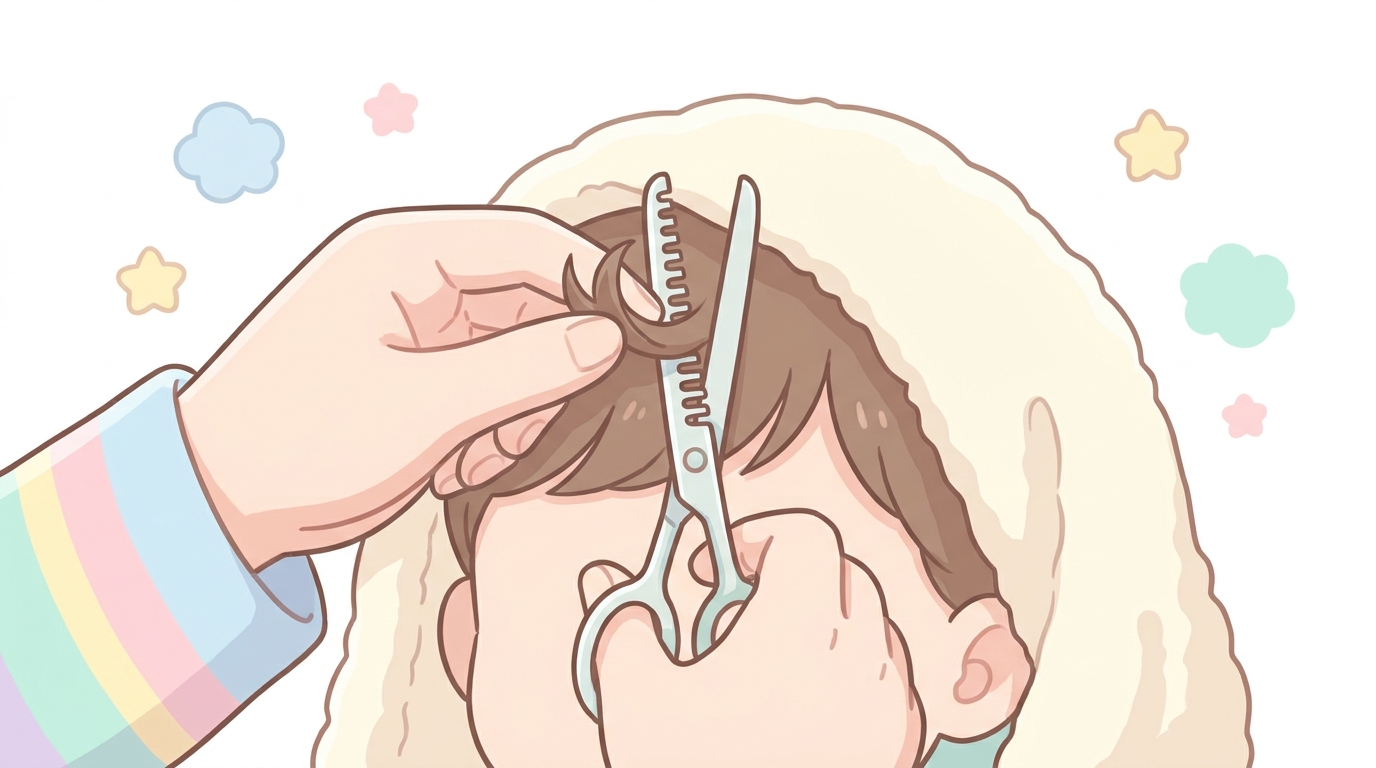 明るい室内で赤ちゃんの前髪を指でつまみながら、すきバサミを縦に入れている親の手元のクローズアップ