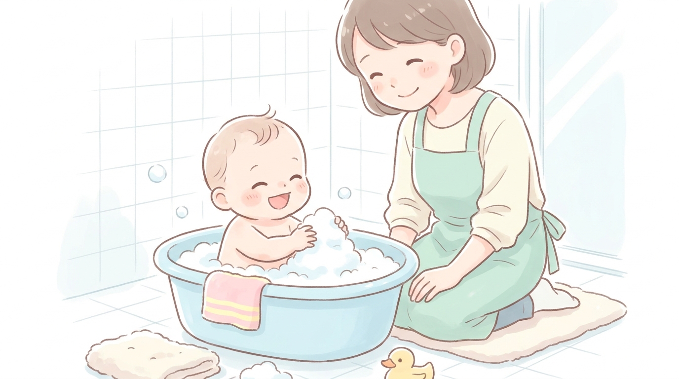お風呂場で泡を触って遊ぶ笑顔の1歳児と、その横で安心した表情で見守る母親