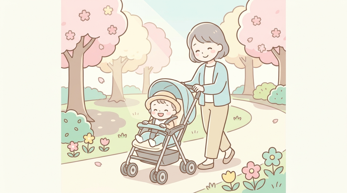 ベビーカーに乗って帽子をかぶった笑顔の赤ちゃんと、優しく見守る母親が公園を散歩している春の風景