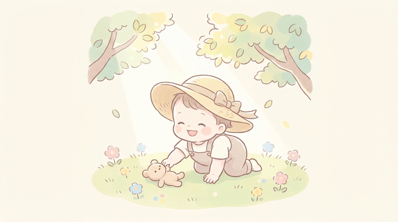 木漏れ日が差し込む公園で、つば広の帽子をかぶった1歳くらいの赤ちゃんが芝生の上で楽しそうに遊んでいる夏の様子