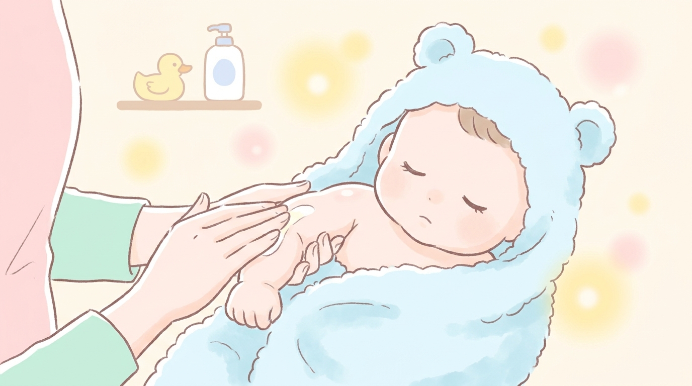 お風呂上がりにバスタオルにくるまれた赤ちゃんに、保湿クリームを優しく塗っている父親の手元のあたたかい家庭シーン