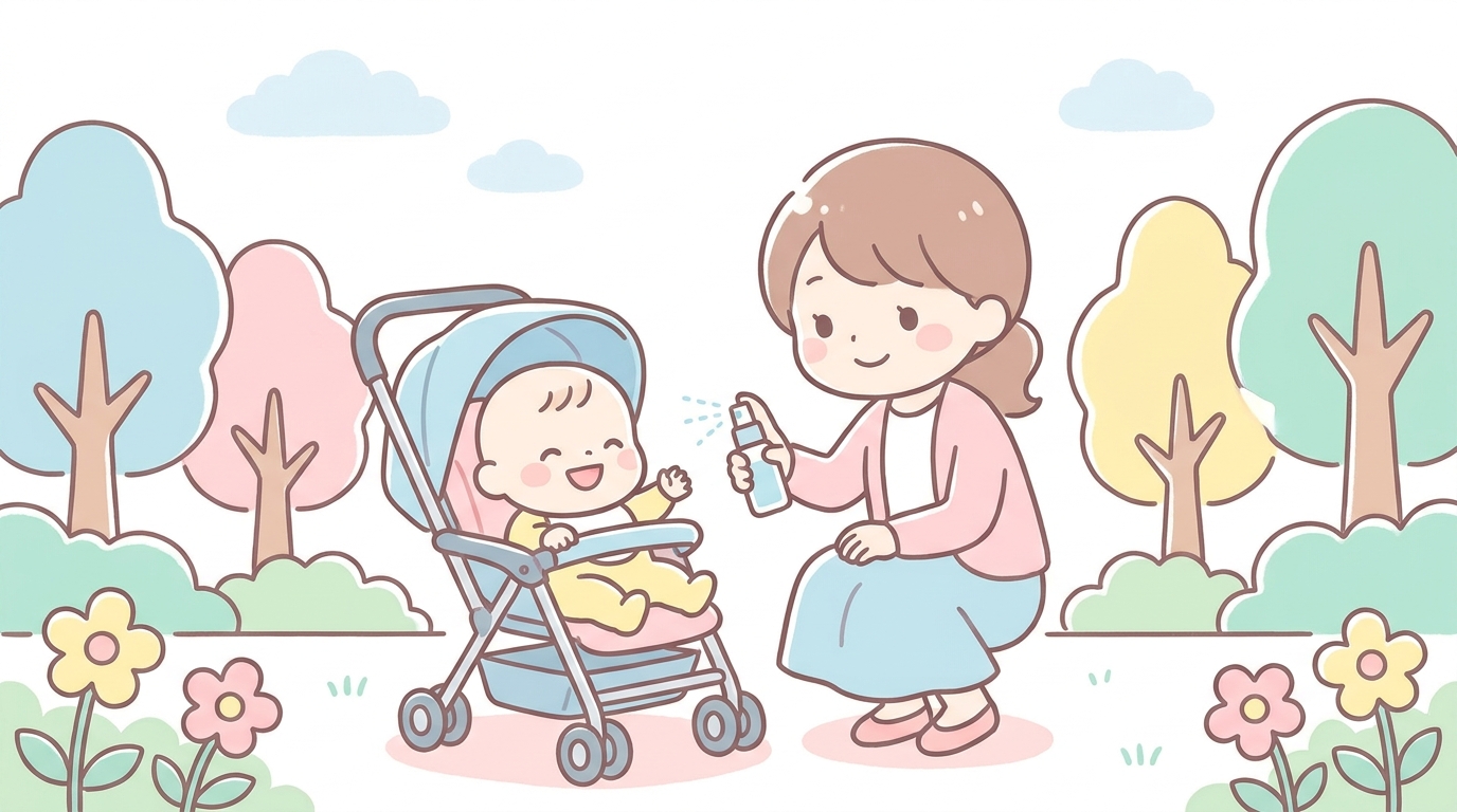 ベビーカーに乗った笑顔の赤ちゃんと、虫除けスプレーを手に持つ若いお母さんの公園での様子