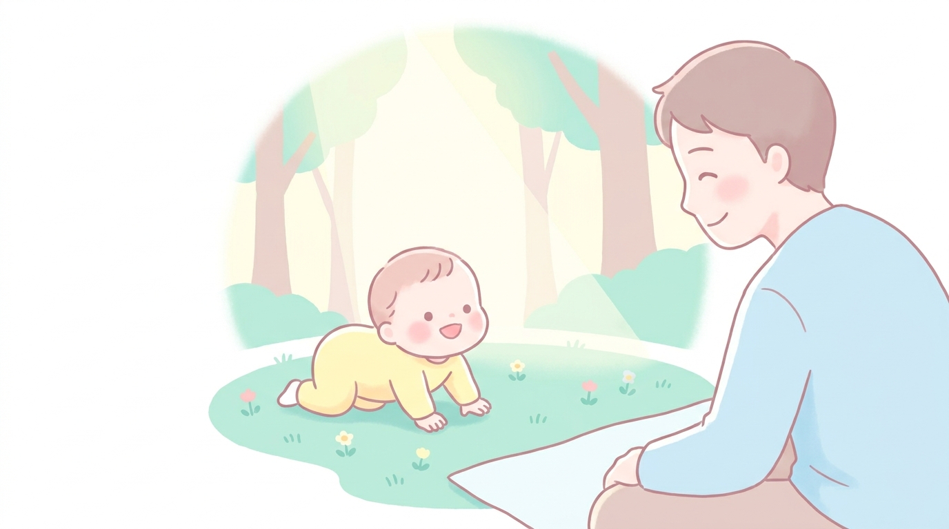 緑あふれる芝生の上でハイハイをする1歳前後の赤ちゃんと、見守る父親の優しい表情
