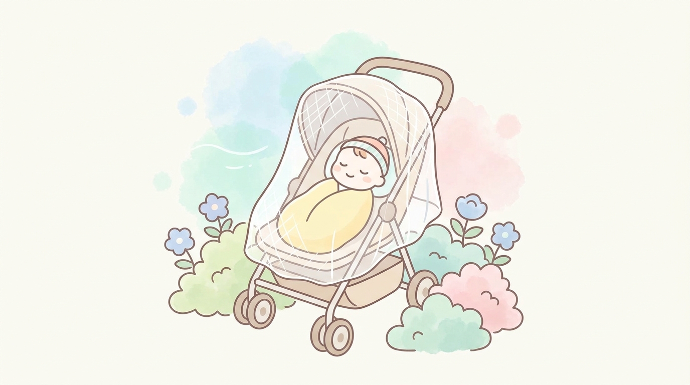 ベビーカーに専用の蚊帳ネットがかけられ、その中で穏やかに眠る生後数ヶ月の赤ちゃん