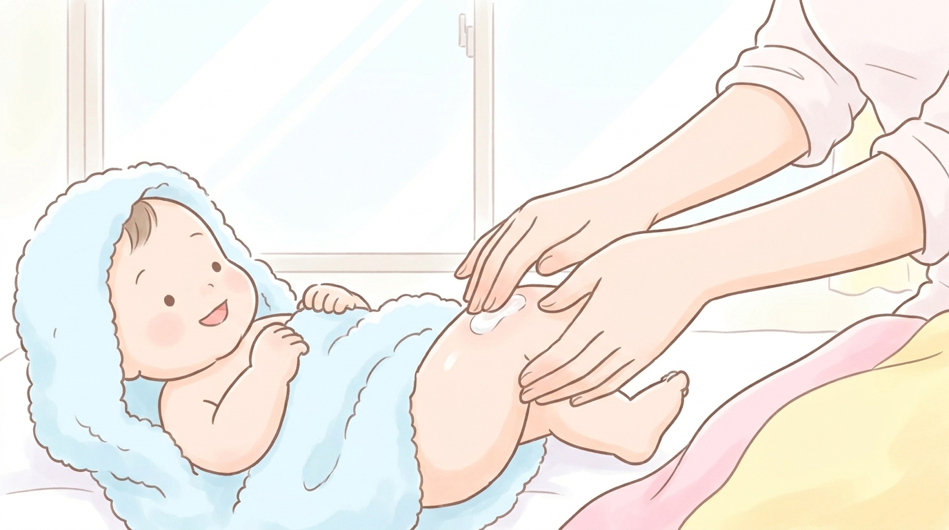 明るい部屋でお風呂上がりの赤ちゃんに笑顔で保湿クリームを塗っている若いママの手元のクローズアップ