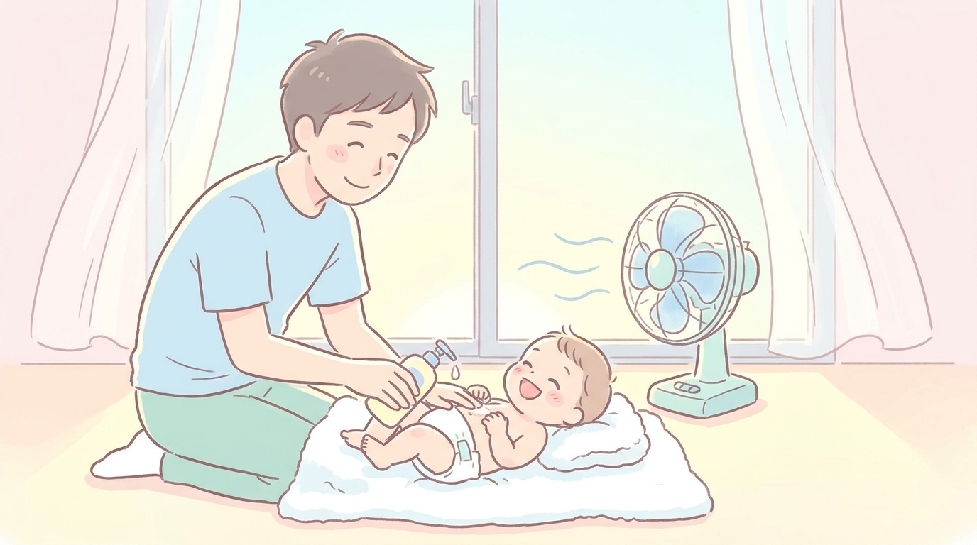 夏の窓辺で扇風機の風を感じながらタオルを敷いた上で笑顔の赤ちゃんに優しくローションを塗るパパの様子