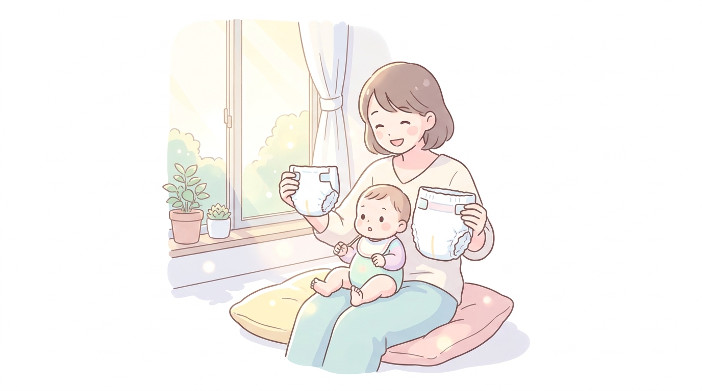 窓辺で赤ちゃんを膝に乗せ、新しいおむつのサイズを手に取って比べる優しい雰囲気の親子