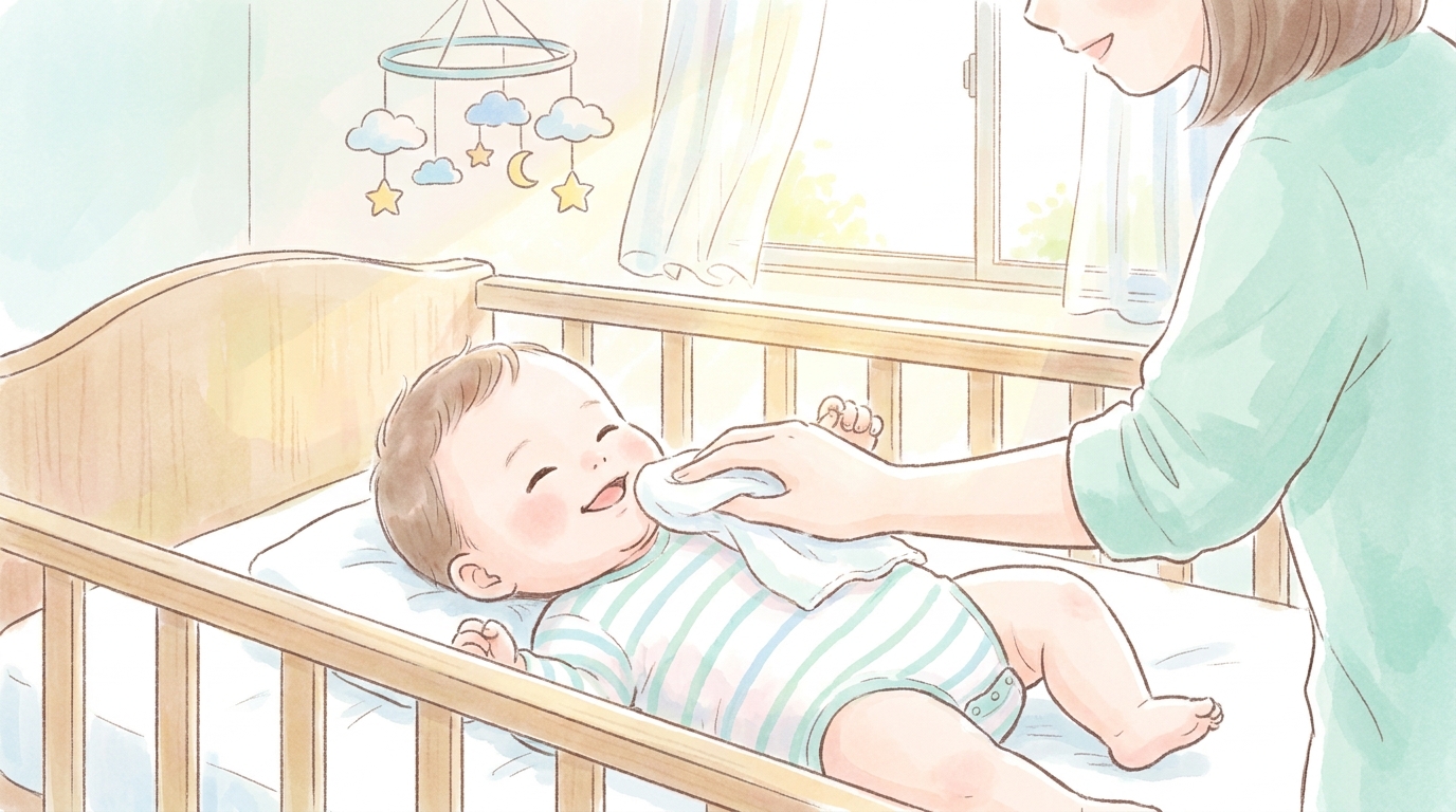 ベビーベッドで微笑む生後5ヶ月くらいの赤ちゃんと、優しく口元を拭く母親の手元、明るい自然光の差し込むナチュラルな部屋