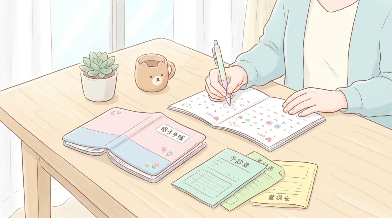 母子手帳とワクチンの予診票を広げて、カレンダーに予定を書き込む若いママの手元、優しい自然光が差し込むダイニングテーブル