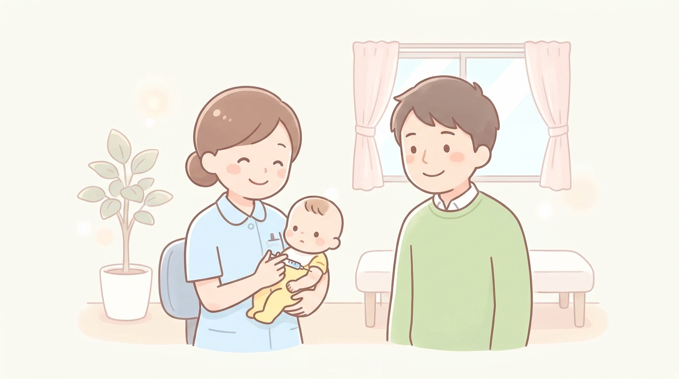 小児科の診察室で看護師さんに抱っこされながら予防接種を受ける生後数か月の赤ちゃんと、その様子を見守る父親、明るく清潔感のある雰囲気