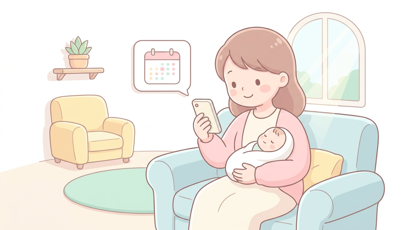 スマートフォンの予防接種スケジュールアプリを操作しながら、ソファで赤ちゃんを抱っこするママ、リビングの暖かい雰囲気