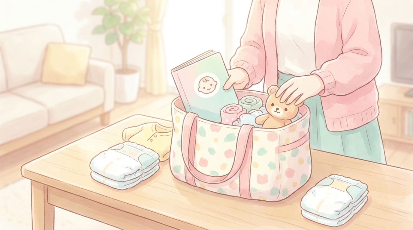 母子手帳とおむつや着替えを準備する母親の手元、明るいリビングの雰囲気