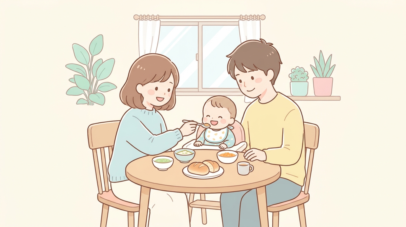親子で食卓を囲み、笑顔で離乳食を食べさせている若い夫婦と赤ちゃんの温かい朝食シーン