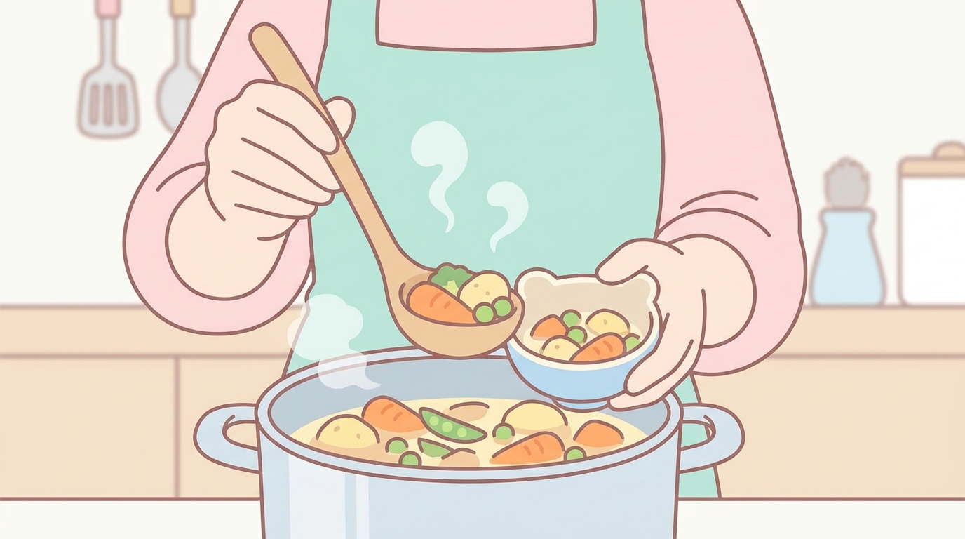 キッチンで鍋から赤ちゃん用の小さな器に野菜を取り分けている母親の手元のクローズアップ