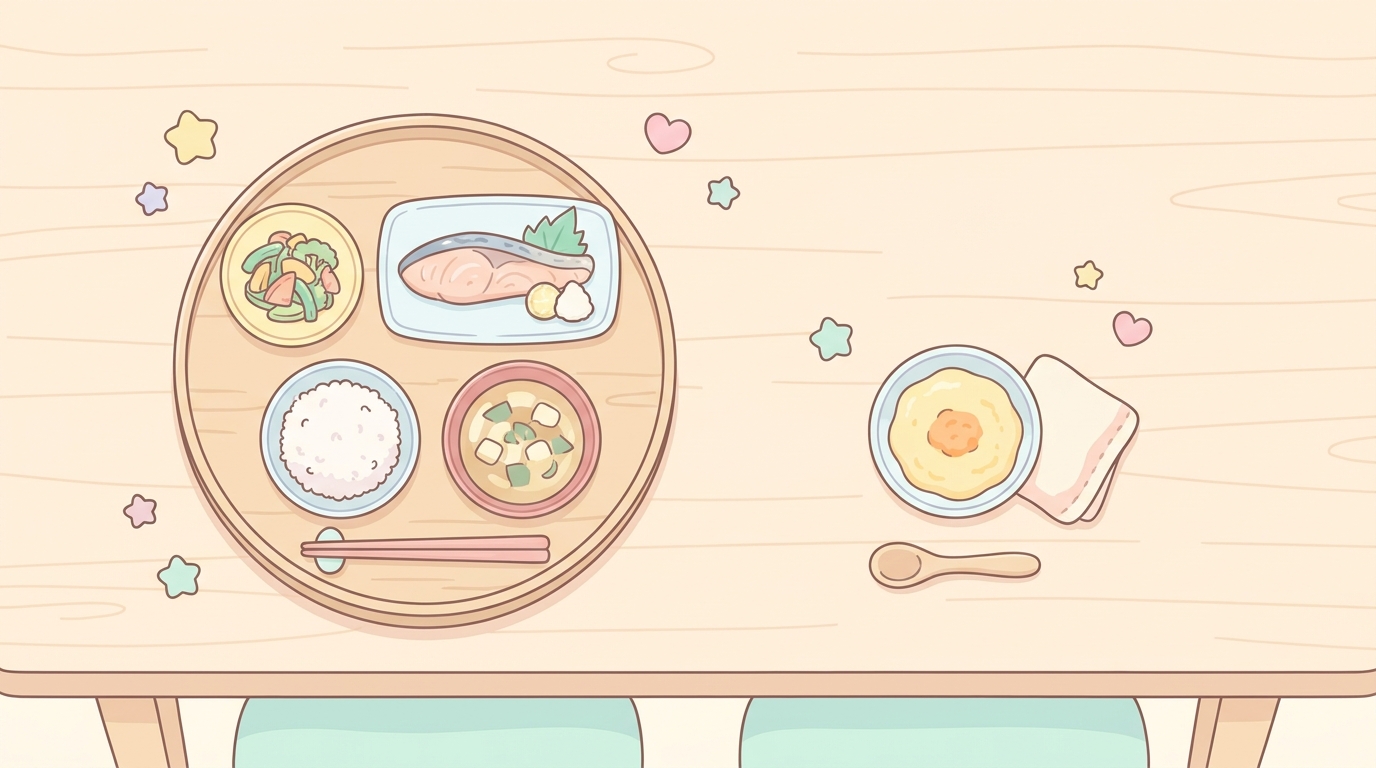 木製テーブルに並んだ大人用の和定食と赤ちゃん用の小さな器に取り分けられた離乳食の俯瞰写真