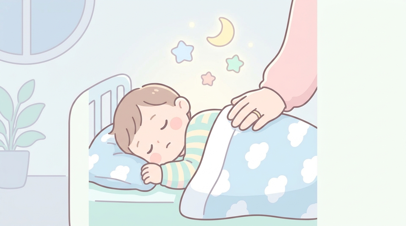 明かりを落とした寝室のベッドで穏やかに眠る1歳児と、優しく見守る母親の手元