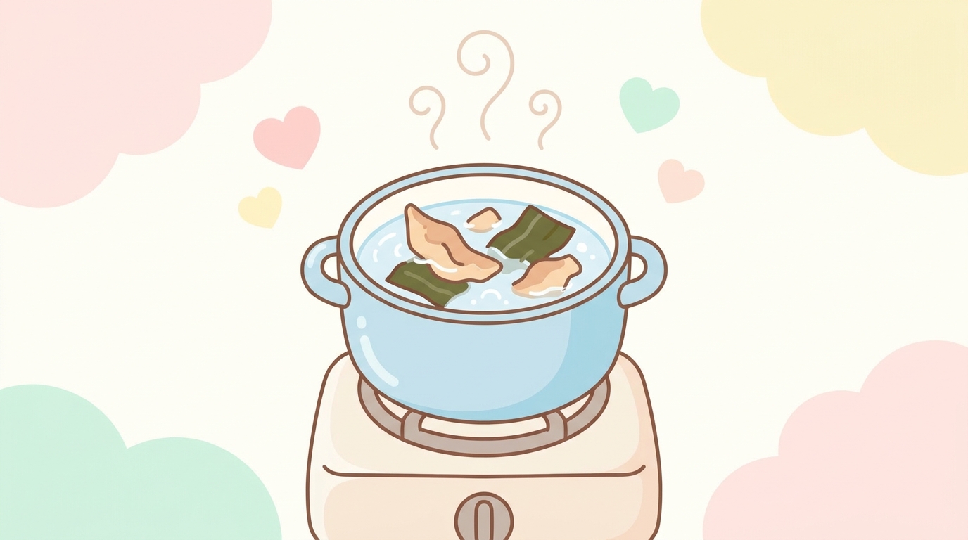 小さな鍋でかつお節と昆布のだしを取る様子、湯気がふわっと立ち上るシーン