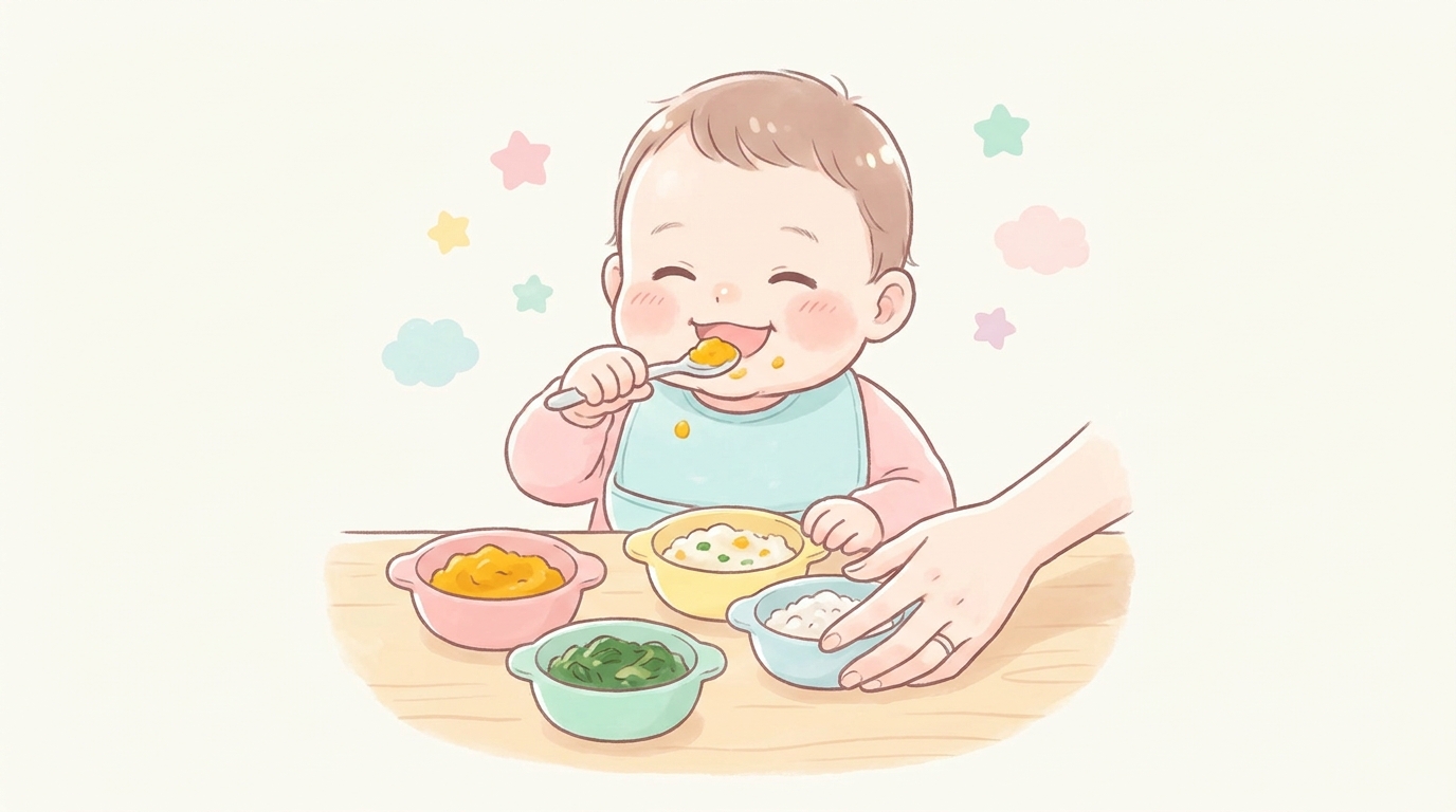 ベビー食器に盛られた色とりどりの離乳食を笑顔で食べる赤ちゃんと、優しく見守る親の手