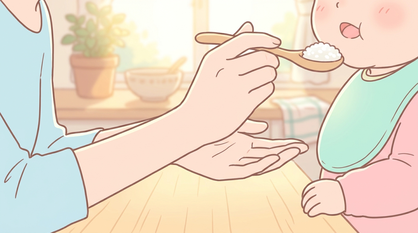 木のスプーンで赤ちゃんにお粥を食べさせる母親の手元、明るい朝のキッチンで撮影された温かみのある写真