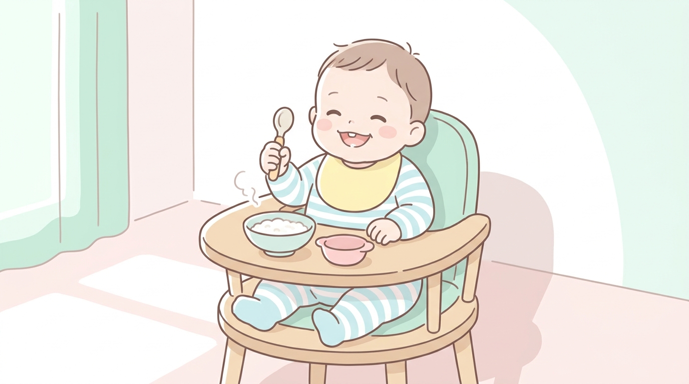 ベビーチェアに座って自分でスプーンを持とうとする生後10か月くらいの赤ちゃんが嬉しそうに笑っている様子