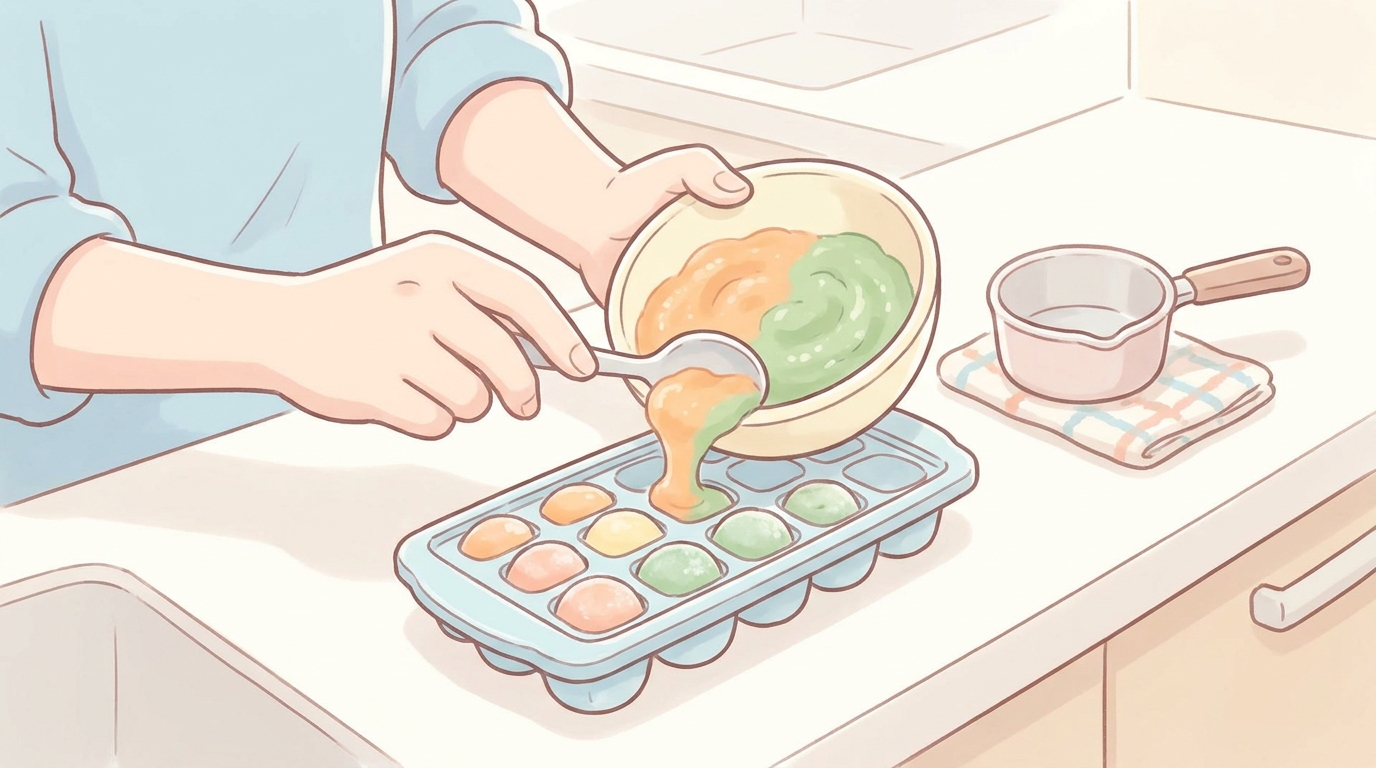 キッチンで離乳食用の野菜ペーストを製氷皿に小分けして冷凍ストックを作る親の手元