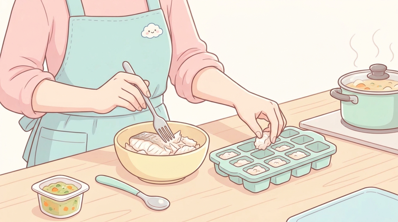 キッチンで離乳食用に魚をほぐしながら製氷皿に小分けする若い母親の手元