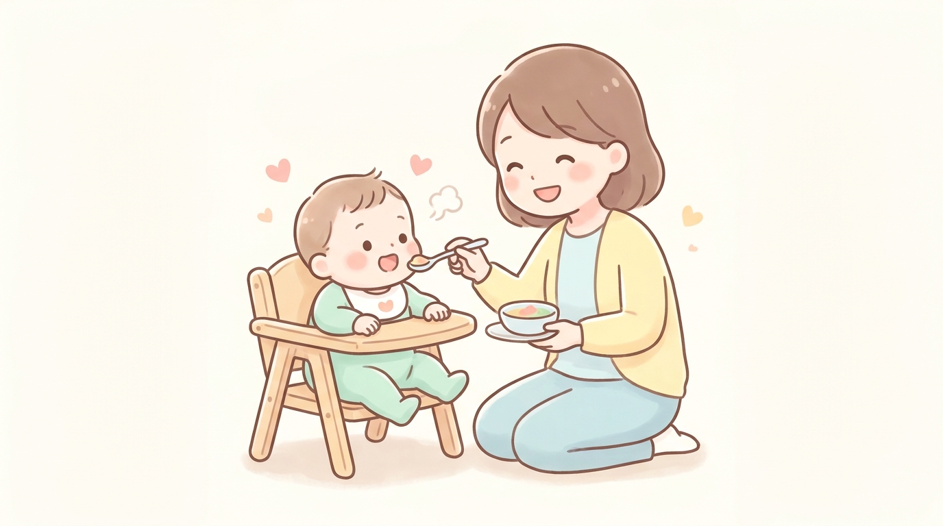 木製のベビーチェアに座って離乳食を口にする生後7か月ごろの赤ちゃんと、笑顔でスプーンを差し出す母親
