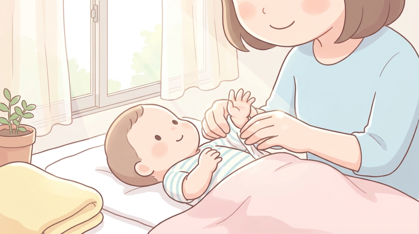 明るい窓辺で赤ちゃんに肌着を着せている若いお母さんの優しい表情の手元アップ