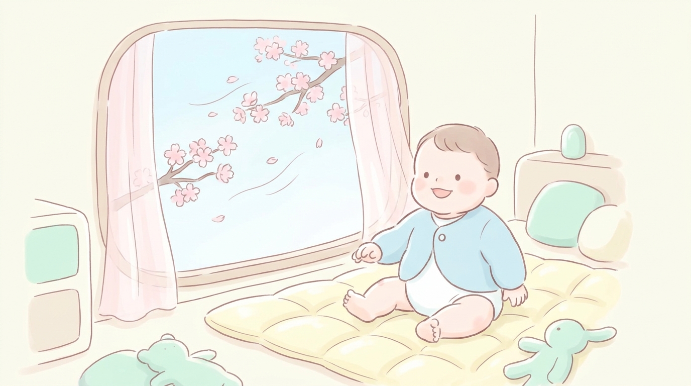 春の桜が見える窓辺で薄手のカーディガンを着た赤ちゃんがマットの上で笑っているシーン