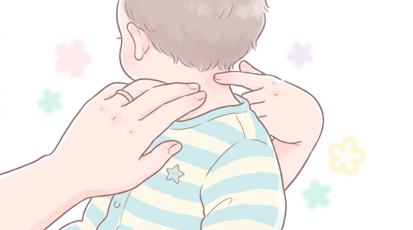 赤ちゃんの首の後ろにそっと手をあてて体温をチェックしている母親の手のアップ