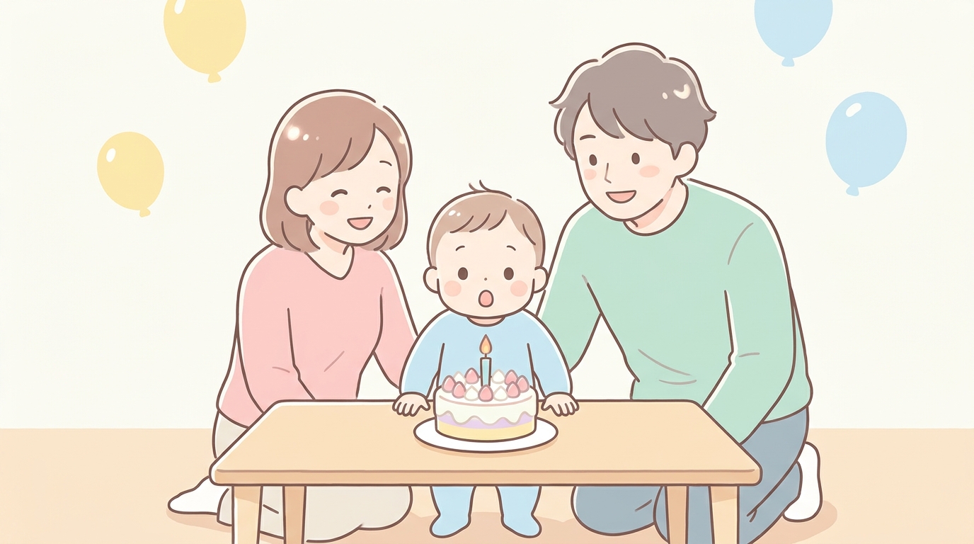 バースデーケーキを前にして驚いた表情を見せる1歳の赤ちゃんと、笑顔で見守るパパとママの家族写真