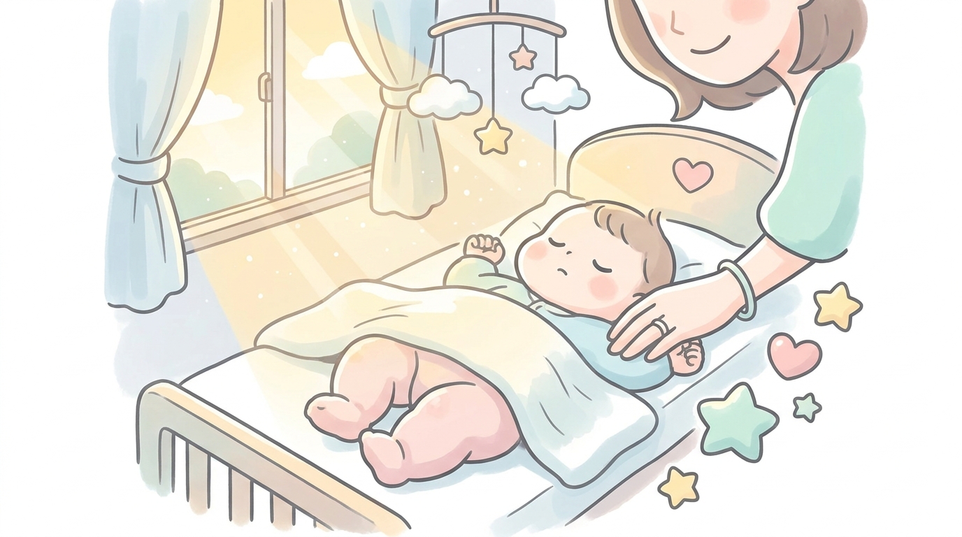 朝日が差し込む明るい寝室でぐっすり眠る1歳くらいの赤ちゃんと、優しく見守る母親の手